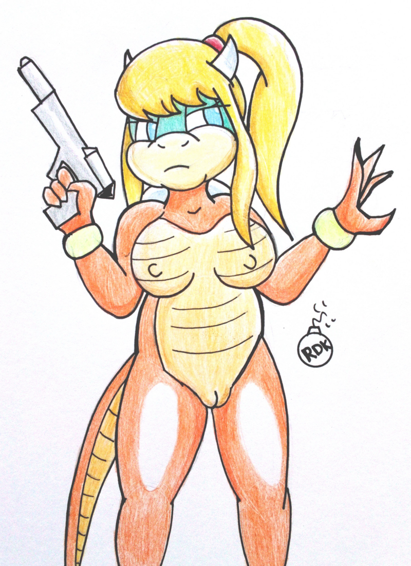 blonde_hair breasts crossover koopa metroid ponytail pussy rdk samus_aran scalie super_mario_bros. traditional_media traditional_media_(artwork) transformation