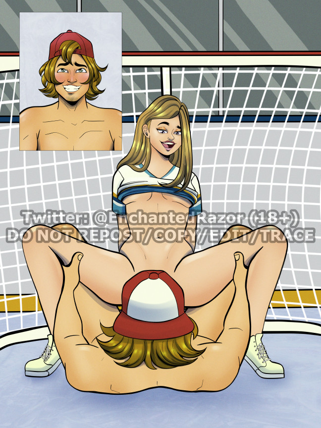 1boy 1boy1girl 1girl artist_request backwards_baseball_cap baseball_cap blonde blonde_hair blush breasts girl_on_top goal hockey ice implied_sex julia_(tdi) long_hair open_mouth pussylicking sex shirt_lift shoes spread_legs total_drama_island total_drama_island_(2023) under_boob wayne_(tdi)