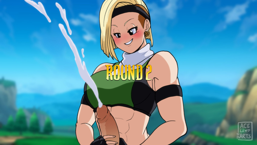 acelewdarts alternate_version_available big_breasts breasts crossover cum dragon_ball_super dragon_ball_z earrings english_text handjob headband looking_at_another marron mortal_kombat sonya_blade sonya_blade_(cosplay)