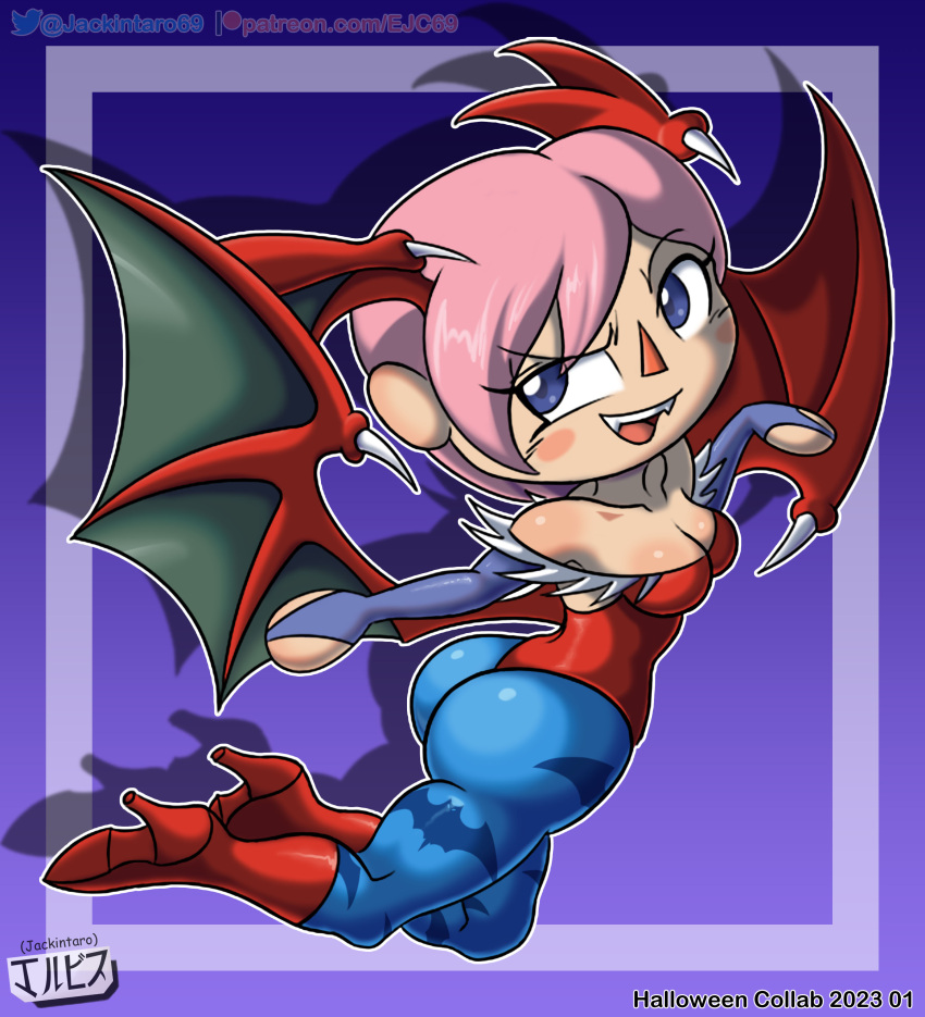 animal_crossing animal_crossing_girl ass blue_eyes breasts collaboration crossover darkstalkers digital_media_(artwork) fanart fangs halloween jackintaro lilith_aensland looking_at_viewer nintendo pink_hair simple_background succubus villager_(animal_crossing) wings