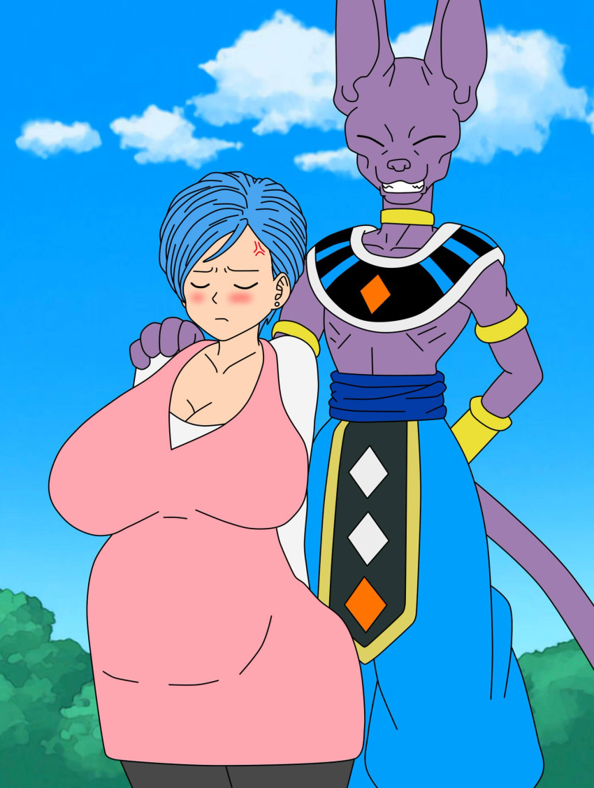 anthro_on_human beerus big_breasts blush breasts bulma_brief dragon_ball dragon_ball_super embarrassed felid felid_humanoid interspecies interspecies_pregnancy pregnancy pregnant pregnant_belly proud setthh98