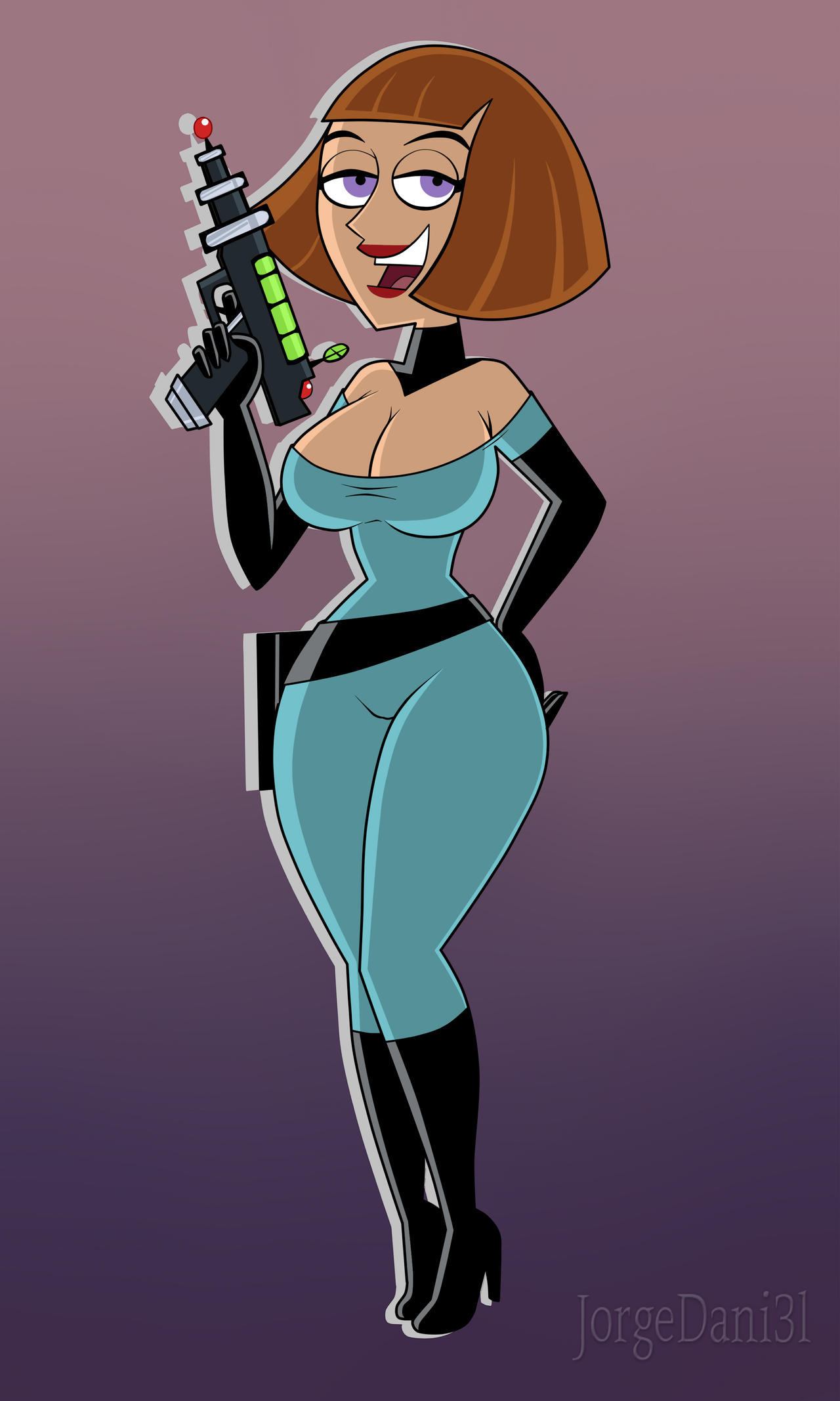 big_breasts bodysuit boots breasts brown_hair danny_phantom elbow_gloves gloves holding_weapon jorgedani3l looking_at_viewer madeline_fenton milf purple_eyes