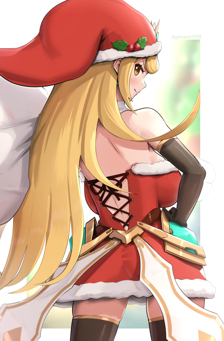 1girl alluring ass backboob big_breasts blonde_hair christmas christmas_bag female_only gonzarez long_hair mistletoe mythra nintendo santa_bag santa_hat santa_outfit xenoblade_(series) xenoblade_chronicles_2 yellow_eyes