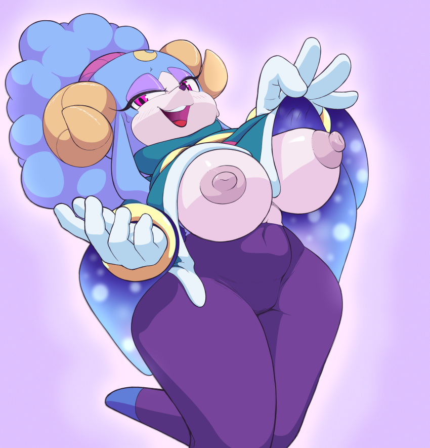 1girl 2023 anthro areola ariem big_breasts big_head blue_fur bovid bracelets breasts cameltoe caprine dress_lift exposed_breasts four-pundo fur horns looking_at_viewer mammal nervous_smile nipples pink_eyes presenting_breasts purple_eyeshadow sega sheep sonic_dream_team sonic_the_hedgehog_(series) sweatdrop