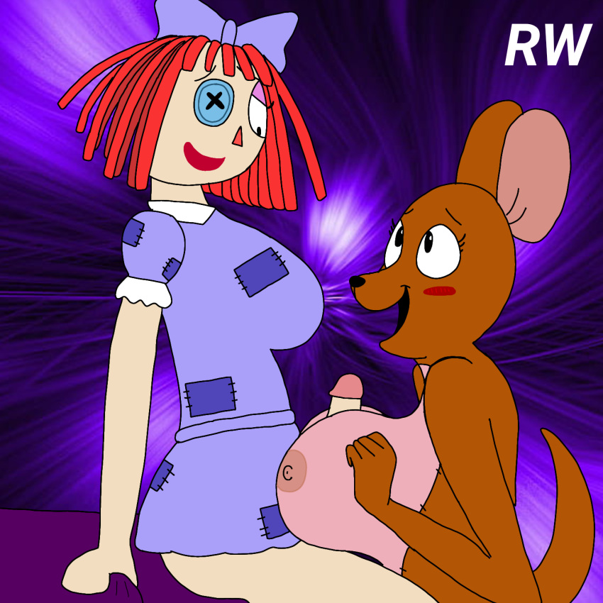 1futa 1girl 1girl anthro bed clothed disney doll futanari futanari_on_female kanga kangaroo living_plushie looking_at_another nude paizuri penis plushie rarewaifus red_hair sitting the_amazing_digital_circus winnie_the_pooh