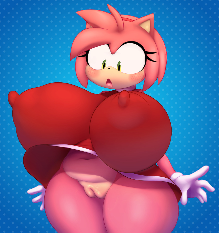 1girl 1girl absurd_res amy_rose anthro big_breasts big_breasts black_nose blush breasts cham22 clothed clothing collaboration digital_media_(artwork) erect_nipples eulipotyphlan eyelashes full_of_milk genitals gloves handwear hedgehog high_res huge_breasts imminent_lactation mammal nipple_outline no_panties open_mouth pussy sadflowerhappy sega sega sexy sexy_body sexy_breasts smelly_pussy sonic_the_hedgehog_(series) thick_thighs wide_hips