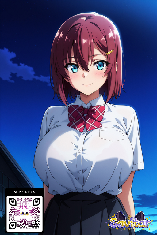 1girl 1girl 1girl ai_generated arms_behind_back artist_name bangs big_breasts black_skirt blue_eyes blush bow bowtie bra bra_visible_through_clothes breast_pocket breasts brown_hair closed_mouth clothing cloud collared_shirt dress_shirt hair_between_eyes hair_ornament hairclip littlehentai looking_at_viewer neckwear night night_sky outside pleated_skirt pocket red_bow red_bowtie red_hair savitar savitar_(artist) school_uniform see-through shirt shirt_tucked_in short_hair short_sleeves sidelocks skirt sky smile star_(sky) starry_sky uniform upper_body white_shirt