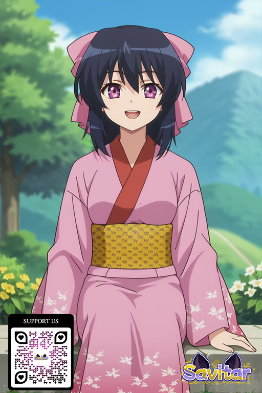 1girl 1girl 1girl :d ai_generated artist_name bangs big_breasts black_hair blush bow breasts clothing hair_between_eyes hair_bow hair_ornament hair_ribbon kimono littlehentai long_hair looking_at_viewer medium_breasts obi open_mouth outside pink_bow pink_kimono ponytail purple_eyes ribbon robe sash savitar savitar_(artist) smile tied_hair traditional_clothes wafuku