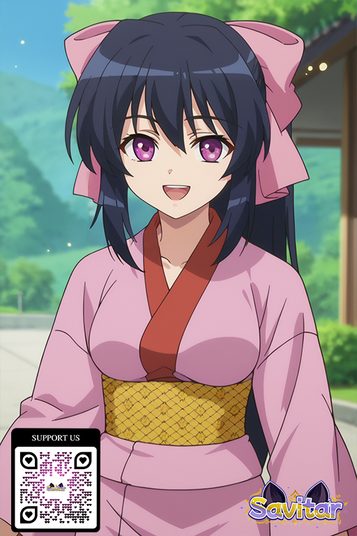 1girl 1girl 1girl :d ai_generated artist_name bangs big_breasts black_hair blush bow breasts clothing hair_between_eyes hair_bow hair_ornament hair_ribbon kimono littlehentai long_hair looking_at_viewer medium_breasts obi open_mouth outside pink_bow pink_kimono ponytail purple_eyes ribbon robe sash savitar savitar_(artist) smile tied_hair traditional_clothes wafuku