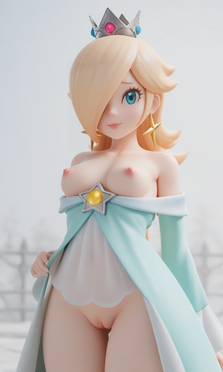 1girl 3d ai_generated blonde_hair blue_eyes breasts cleft_of_venus crown dress earrings female_focus looking_at_viewer navel nintendo nipples open_clothes pussy rosalina simple_background super_mario_bros. white_background