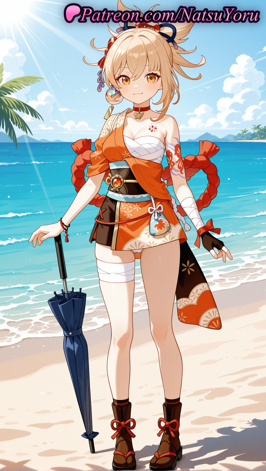 2025 ai_generated anime anime_style arm_tattoo asian bandaged_arm bandaged_hand bandaged_leg bandages bangs beach beach_umbrella big_breasts bikini black_gloves black_sash black_socks blonde_hair blue_sky blue_umbrella bracelet breasts bust chest_sarashi chest_tattoo choker cleavage closed_mouth closed_umbrella cloud collar collarbone day earring earrings female_focus fingerless_gloves flower_tattoo full_body genshin_impact geta gloves hadanugi_dousa hair_between_eyes hair_ornament hentai high_quality high_res high_resolution japanese_clothes jewelry kanzashi kimono kinchaku lipstick looking_at_viewer medium_breasts midriff natsuyoru navel obi ocean orange_eyes orange_kimono outside palm_tree patreon pendant_choker planted ponytail pouch red_choker rope sand sandals sarashi sash shimenawa short_kimono single_bare_shoulder single_fingerless_glove single_glove sky smile socks stable_diffusion standing sun sunlight tabi tattoo thighs tied_hair tree umbrella vision_(genshin_impact) voluptuous voluptuous_female wafuku water wrist_wrap yellow_eyes yoimiya_(genshin_impact)