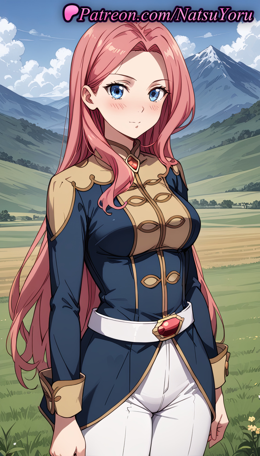 2025 ai_generated anime anime_style arms_at_sides belt big_breasts blue_eyes blue_jacket blue_sky blush breasts bust clenched_hands closed_mouth clothing cloud cowboy_shot day eclair_seaetto female_focus field flower grass hentai high_quality high_res high_resolution jacket long_hair long_sleeves looking_at_viewer medium_breasts military military_uniform mountain mountainous_horizon natsuyoru non-asian outside pants patreon pink_hair red_hair shirt sky smile stable_diffusion standing tate_no_yuusha_no_nariagari the_rising_of_the_shield_hero uniform very_long_hair voluptuous voluptuous_female white_belt white_pants