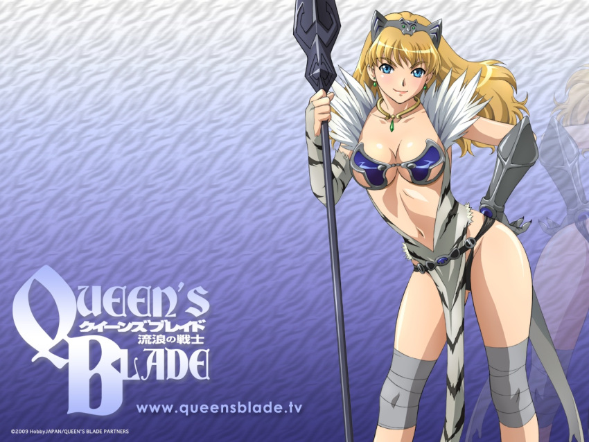 00s 1girl 2009 alluring animal_print armor belt big_breasts bikini_armor blonde_hair blue_eyes captain_of_the_royal_guard_elina cleavage earrings elina elina_(queen's_blade) female_focus fur gauntlets headband headdress jewelry long_hair midriff navel necklace official_art official_wallpaper polearm queen's_blade spear tiger_print weapon