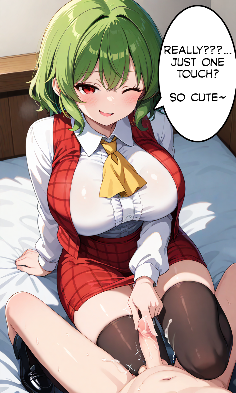 1boy 1girl ai_generated big_ass big_breasts blush clothed clothed_female_nude_male clothing cum cum_drip cum_on_body cumshot green_hair kazami_yuuka male male/female older_female open_mouth penis red_eyes smile testicle touhou uncensored younger_male yuka_kazami yuri_kirah