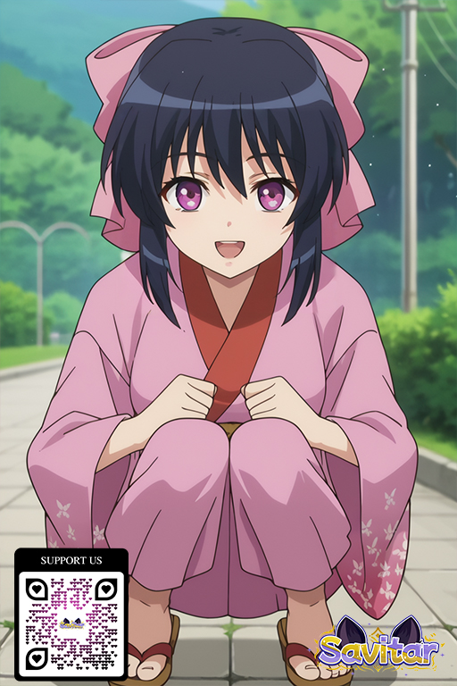 1girl 1girl 1girl :d ai_generated artist_name bangs big_breasts black_hair blush bow breasts clothing hair_between_eyes hair_bow hair_ornament hair_ribbon kimono littlehentai long_hair looking_at_viewer medium_breasts obi open_mouth outside pink_bow pink_kimono ponytail purple_eyes ribbon robe sash savitar savitar_(artist) smile tied_hair traditional_clothes wafuku