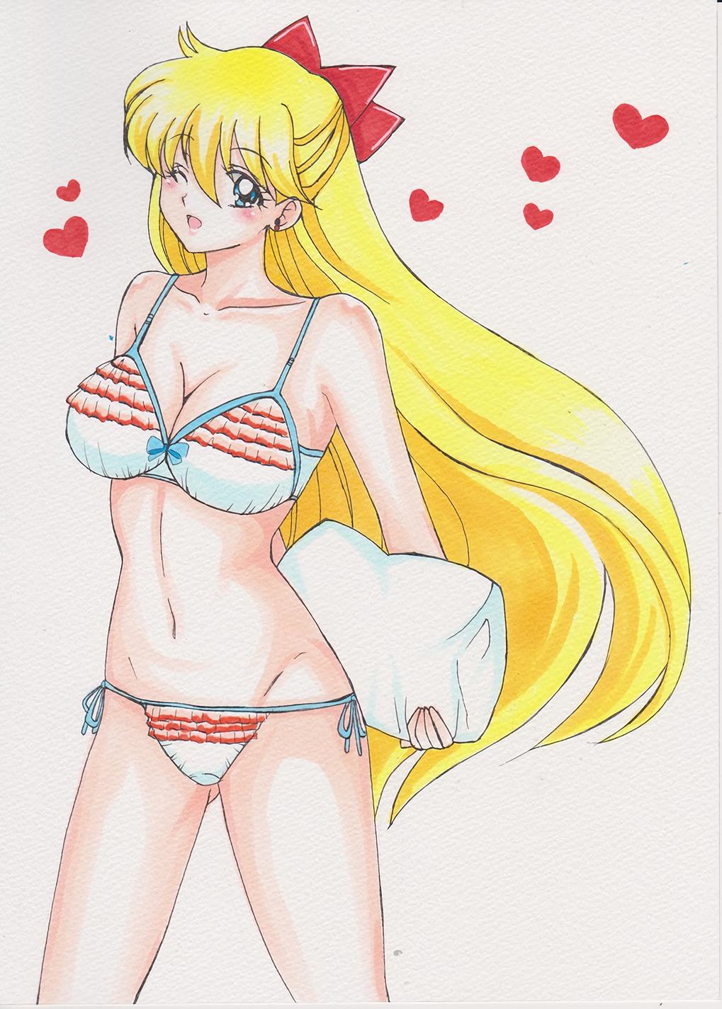 1girl 1girl alluring big_breasts bikini bishoujo_senshi_sailor_moon blonde_hair blue_eyes earrings female_focus hair_ribbon heart jewelry long_hair marker_(medium) minako_aino one_eye_closed panties pillow rascal_(n119) ribbon side-tie_panties simple_background swimsuit traditional_media underwear very_long_hair