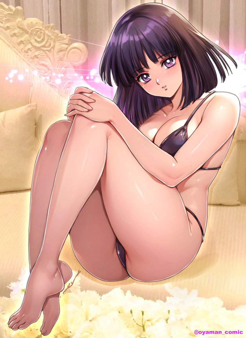 1girl alluring big_breasts bikini bishoujo_senshi_sailor_moon black_hair cleavage hotaru_tomoe knees_on_chest looking_at_viewer medium_hair oyaman pin_up purple_eyes sitting sitting_on_bed swimsuit