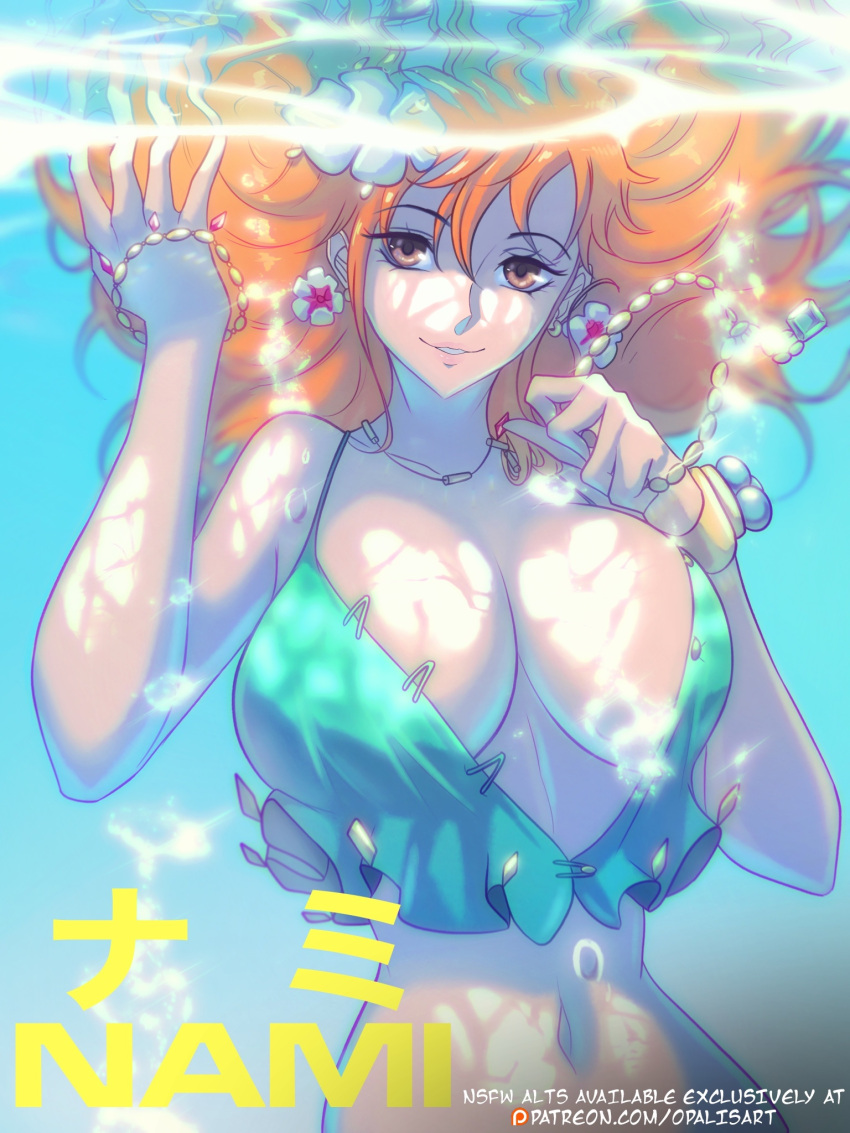 1girl bare_arms bare_shoulders big_breasts blush clothed clothing color female female_focus female_only high_res light-skinned_female light_skin long_hair looking_at_viewer nami one_piece opalisart orange_eyes orange_hair shounen_jump solo solo_female swimwear tagme thick_thighs underwater