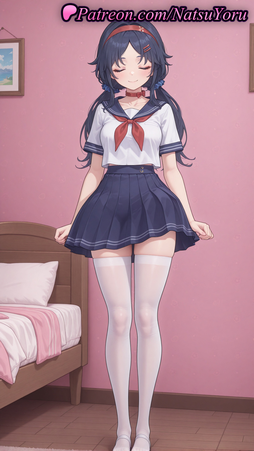 2025 ai_generated anime anime_style arms_at_sides bangs bed bedroom big_breasts black_hair blue_hair blue_sailor_collar blue_skirt blush breasts bust choker closed_eyes closed_mouth collar collarbone crazy_mita_(miside) crop_top_overhang facing_viewer female_focus full_body hair_ornament hair_scrunchie hairband hairclip hentai high_quality high_res high_resolution indoors legwear long_hair low_twintails medium_breasts miniskirt miside mita_(miside) natsuyoru neckerchief no_shoes parted_bangs patreon pillow pleated_skirt red_choker red_collar red_hairband red_neckerchief sailor_collar sailor_uniform school_uniform scrunchie serafuku shirt shoes short_sleeves skindentation skirt smile stable_diffusion standing stockings thighs twin_tails voluptuous voluptuous_female white_footwear white_legwear white_shirt white_thighhighs wooden_floor zettai_ryouiki