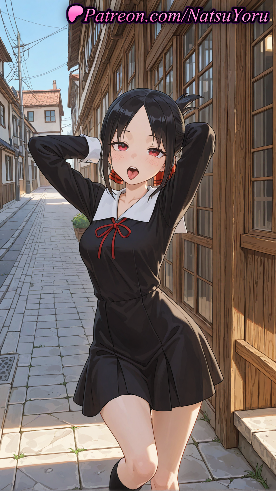 2025 ai_generated anime anime_style arms_behind_head arms_up artist_name bangs big_breasts black_dress black_hair black_socks blush breasts building bust clothing collarbone day dress feet_out_of_frame female_focus female_solo folded_ponytail hair_ribbon hair_ribbons happy_birthday heart heart-shaped_pupils hentai high_quality high_res high_resolution kaguya-sama_wa_kokurasetai_~tensai-tachi_no_renai_zunousen~ kneehighs kneesocks long_sleeves looking_at_viewer medium_breasts natsuyoru neck_ribbon open_mouth outside parted_bangs patreon power_lines red_eyes red_ribbon ribbon road school_uniform shinomiya_kaguya shirt short_hair shuuchiin_academy_school_uniform sidelocks sky smile socks stable_diffusion standing street thighs tongue tongue_out upper_teeth_only voluptuous voluptuous_female window