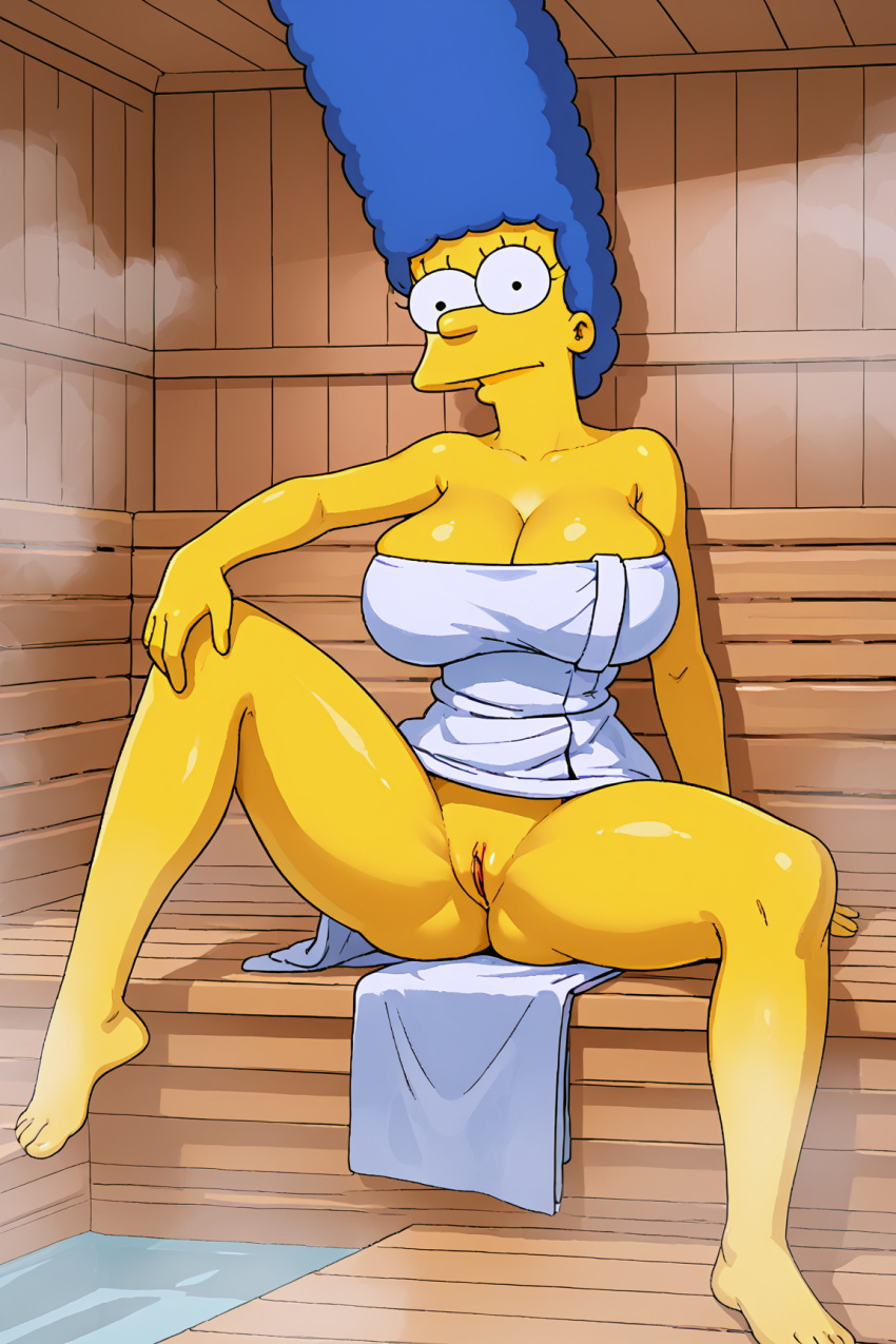 big_breasts marge_simpson pussy spread_legs the_simpsons towel