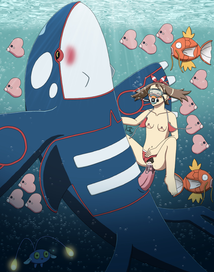 1boy 1girl 1girl bikini bikini_aside bikini_bottom_aside bikini_top_undone breasts censor_bar censored erinprimette kyogre male may_(pokemon) navel nintendo nipples penis pointless_censoring pokemon pubic_hair pussy sex small_breasts swimsuit underwater underwater_sex