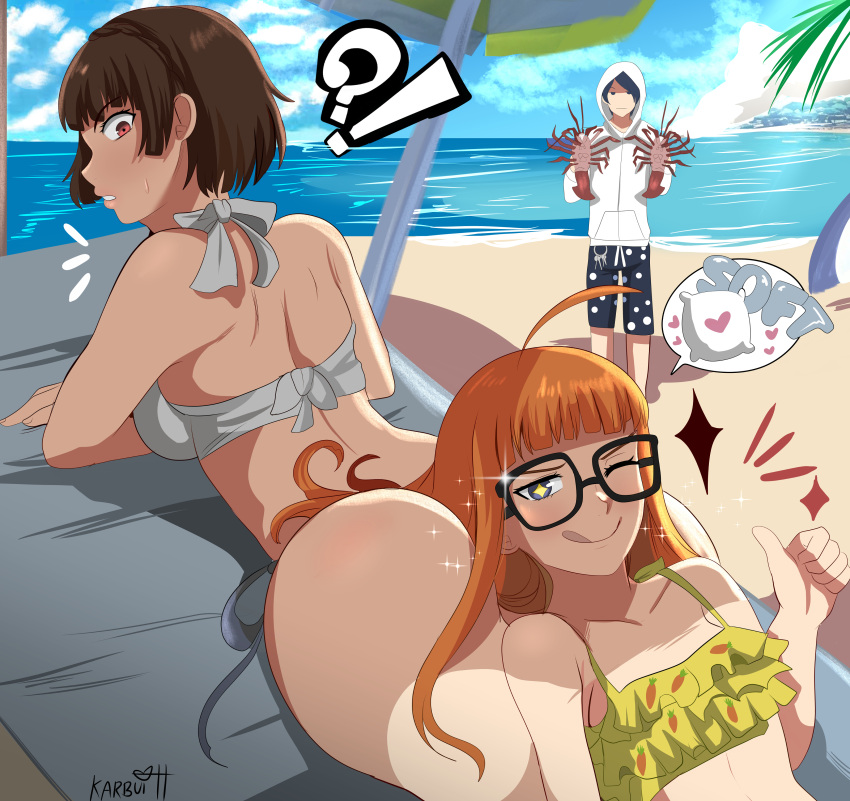 1boy 2_girls ass beach beach_towel beach_umbrella bikini breasts brown_hair futaba_sakura glasses glint hoodie karbuitt kitagawa_yusuke lobster looking_at_viewer looking_back makoto_niijima megami_tensei niijima_makoto ocean one_eye_closed orange_hair palm_tree persona persona_5 sakura_futaba swim_trunks swimwear thought_bubble thumbs_up tongue tongue_out yusuke_kitagawa