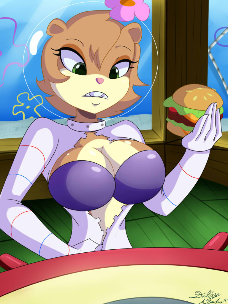 1girl 1girl 1girl anthro big_breasts bodysuit breasts breasts_out brown_far dalley_le_alpha flower food furry furry_only helmet indoors krabby_patty krusty_krab mammal nickelodeon rodent sandy_cheeks solo_female spongebob_squarepants squirrel table underwater water