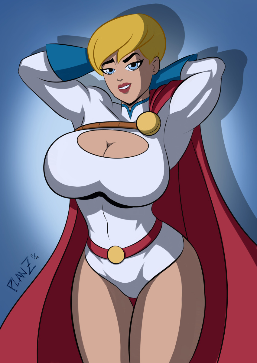 1girl 1girl 1girls arms_behind_head arms_up artist_signature big_breasts big_breasts blonde_hair blonde_hair_female blue_eyes breasts busty_female cape commission dc_comics dc_comics dcuaom kara_zor-l karen_starr lipstick looking_at_viewer muscular muscular_female planz34 power_girl power_girl_(public_enemies) raised_eyebrows short_hair smile smiling_at_viewer solo_female superheroine superman/batman:_public_enemies superman_(series) thick thick_thighs thighs warner_brothers watermark wide_hips