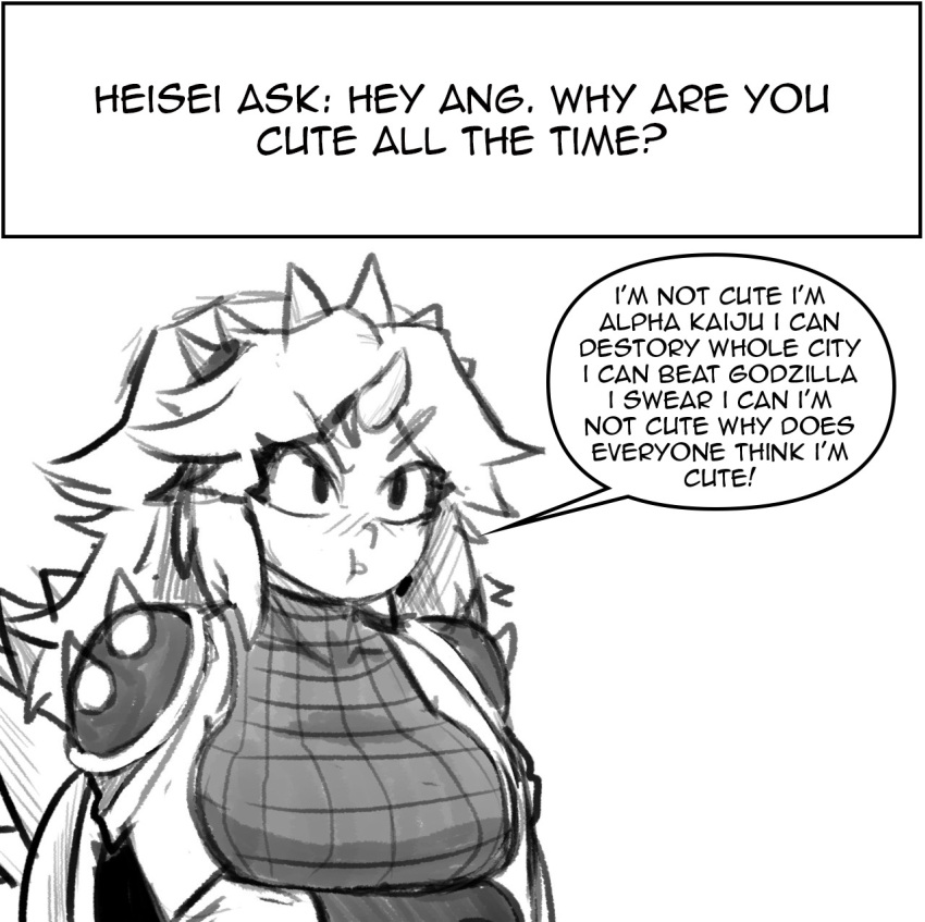 1girl 1girl alternate_species anguirus animal_humanoid breasts clothed clothing crossgender dialogue dr._pizza_boi english_text godzilla_(series) high_res humanoid humanoidized inkershike kaiju_girls_(webcomic) spikes text toho