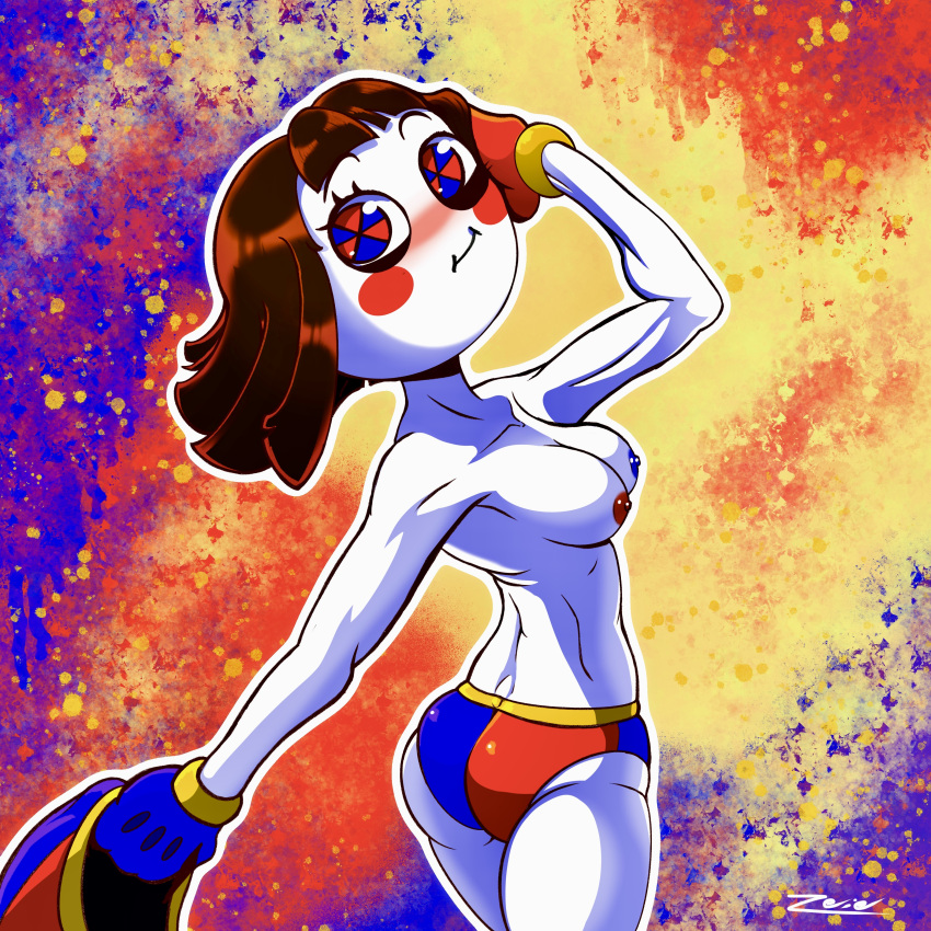 1girl 1girl blush breasts brown_hair gloves hair hat looking_back multicolored_eyes niples nipples panties pomni smile smiling_at_viewer the_amazing_world_of_gumball topless white_skin zeliel zelieldraws