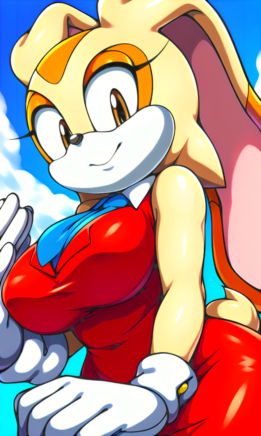 1girl aged_up ai_generated big_breasts breasts brown_eyes bunny_girl clothed cream_fur cream_the_rabbit curvy day dress female_focus furry furry_female gloves looking_at_viewer outside pixai red_dress sega sky smile sonic_the_hedgehog_(series) tight_clothing upper_body