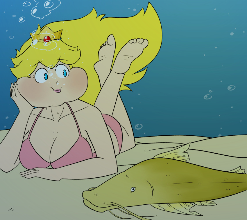 1girl air_bubbles aquaglubs barefoot big_breasts bikini blonde_hair blue_eyes breasts bubbles catfish cleavage crown feet female fish flowing_hair holding_breath human lake lipstick long_hair makeup marine mario_(series) nintendo pink_bikini pink_lipstick pink_swimsuit princess_peach puffed_cheeks sand soles super_mario_bros. underwater water