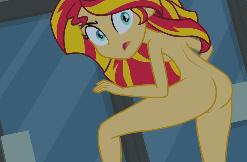 1girl ass blue_eyes breasts equestria_girls eyebrows eyelashes looking_at_viewer my_little_pony naked_female nude nude_female older older_female open_eyes open_mouth qbert2kcat red_hair sideboob sunset_shimmer yellow_skin young_adult young_adult_female young_adult_woman