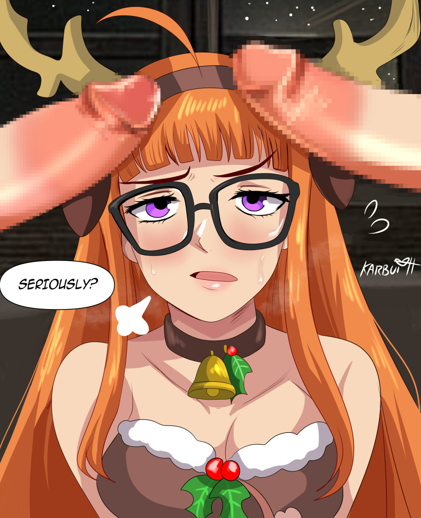 amamiya_ren artist_name artist_signature belly breasts choker christmas christmas_2024 christmas_bell dual_erection erect_penis erection futaba_sakura glasses imminent_sex karbuitt kitagawa_yusuke looking_at_viewer megami_tensei mistletoe mosaic_censoring persona persona_5 reindeer_antlers ren_amamiya sakura_futaba speech_bubble yusuke_kitagawa