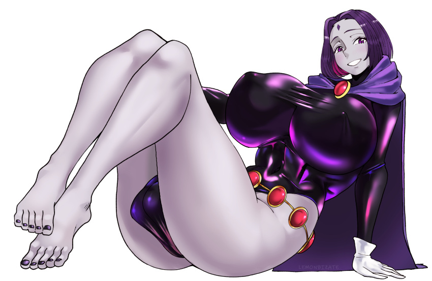 1futa 1girl ass big_breasts breasts cape dc_comics feet forehead_jewel futa_only futanari huge_breasts latex legs lemonbizate leotard penis penis_bulge penis_under_clothes purple_eyes purple_hair raven_(dc) smile solo_futa superheroine teen_titans thick_thighs thighs