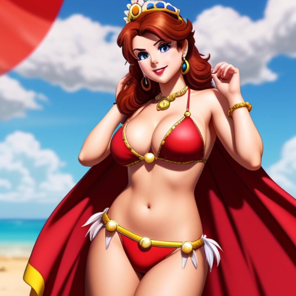 1girl beach bikini blue_sky brown_hair mario_(series) mario_bros nintendo ocean princess_daisy super_mario_bros. tagme tiara