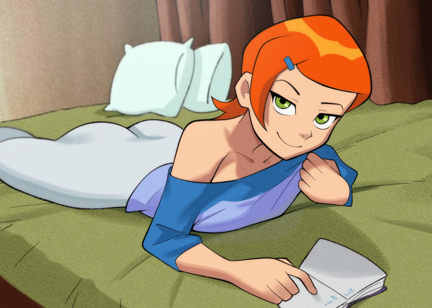 1girl 1girl 1girls ass ben_10 breasts cartoon_network clothed female_focus female_only green_eyes gwen_tennyson gwen_tennyson_(classic) human looking_at_viewer lying_on_bed newguy1091 nipples orange_hair short_hair solo_female solo_focus