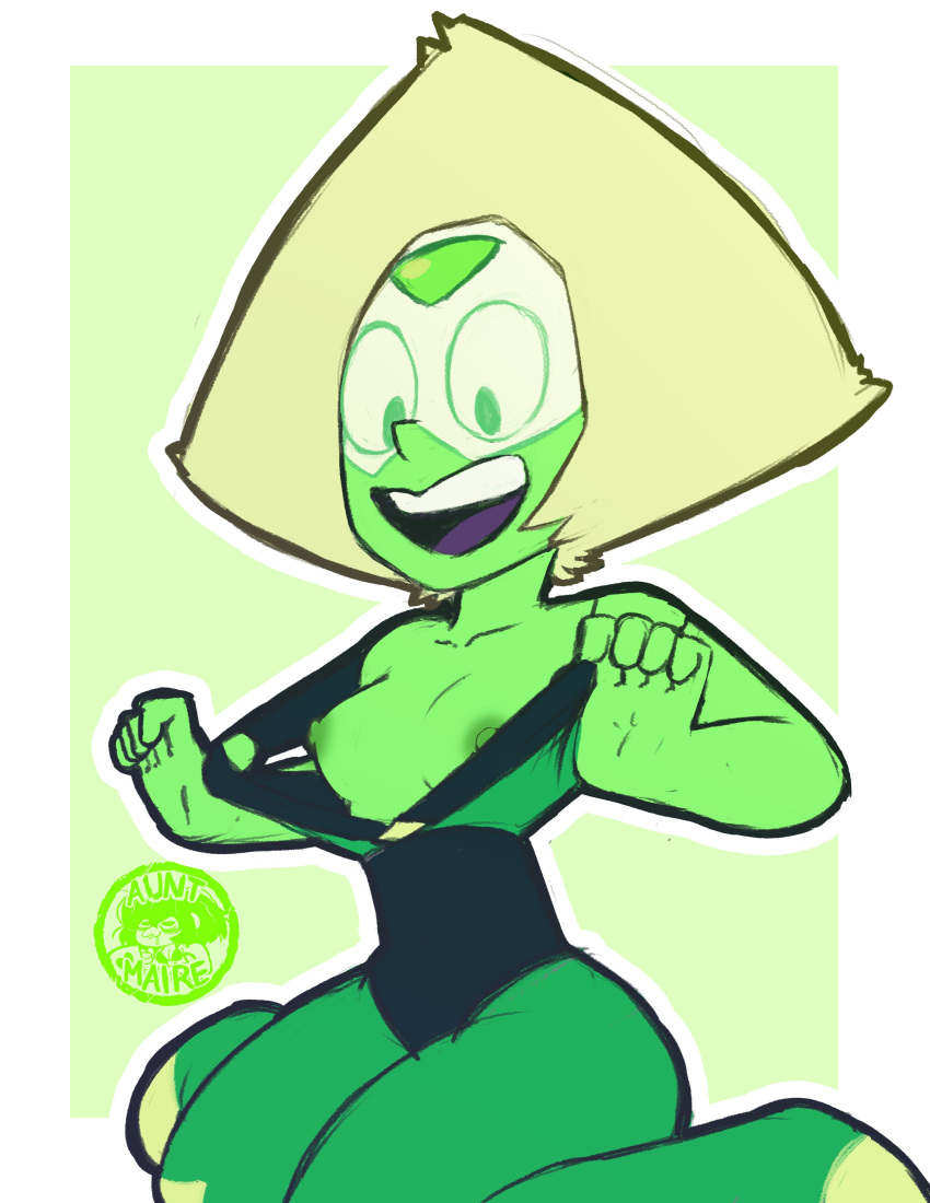 1girl 1girl alien breast breasts em exposed_breasts female_only green_eyes green_skin grey_body grey_skin inkershike kneel kneel kneeling_female lifting_clothing nipple nipples peridot_(steven_universe) sitting steven_universe undressed undressing