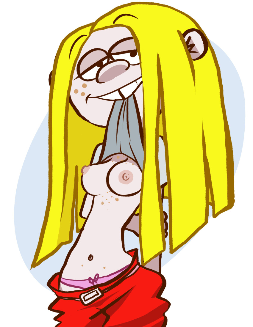 1girl 1girl blonde blonde_female blonde_hair drpizzaboi ed,_edd,_'n'_eddy female_human freckles freckles_on_body freckles_on_breasts freckles_on_face grin inkershike kanker_sisters looking_at_viewer may_kanker nipple nipples shirt shirt_lift smile smile_at_viewer smiling_at_viewer