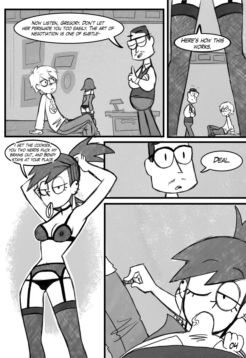 1girl bendy cheating cheating_girlfriend comic cookies drpizzaboi dylan_lee english english_text fellation food foster's_home_for_imaginary_friends frankie_foster inker_comics inkershike lingerie multiple_boys nipples oral ponytail pov see-through see-through_bra see-through_clothes see-through_clothing see_through short_hair