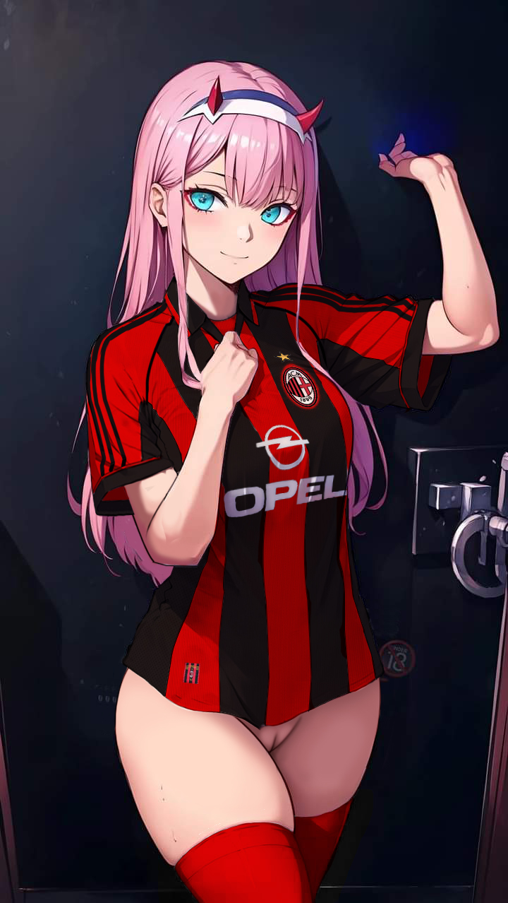 ac_milan ai_generated blue_eyes bottomless darling_in_the_franxx horns long_hair looking_at_viewer nekom14 no_panties no_pants pink_hair pussy soccer_jersey stockings zero_two_(darling_in_the_franxx)