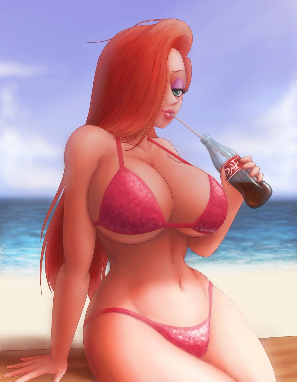 Hentai Pictures 1female 1girl Beach Bikini Breasts Cleavage Coke