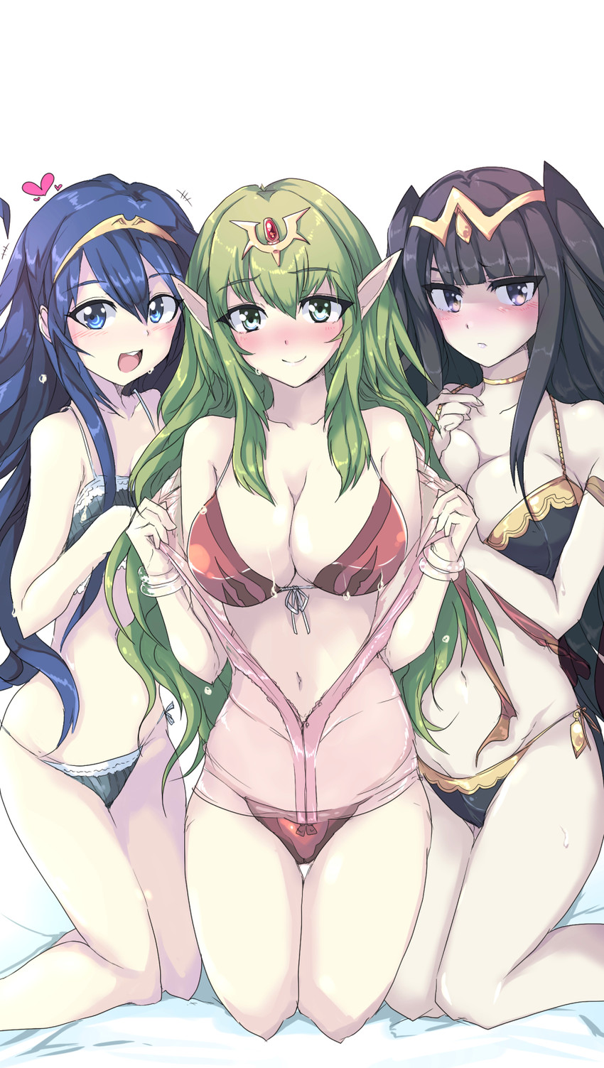 Hentai Boobs Girls Alluring Bed Big Breasts Bikini Black Hair Blue Eyes Blue Hair Blush