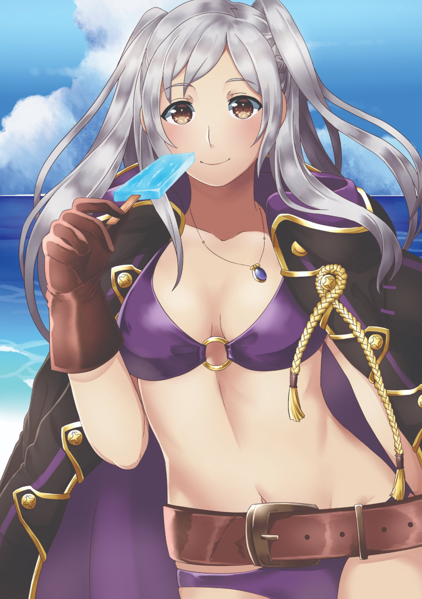 Hentai Nintendo Girl Girl Alluring Belt Bikini Blue Sky Brown Eyes Brown Gloves Closed Mouth