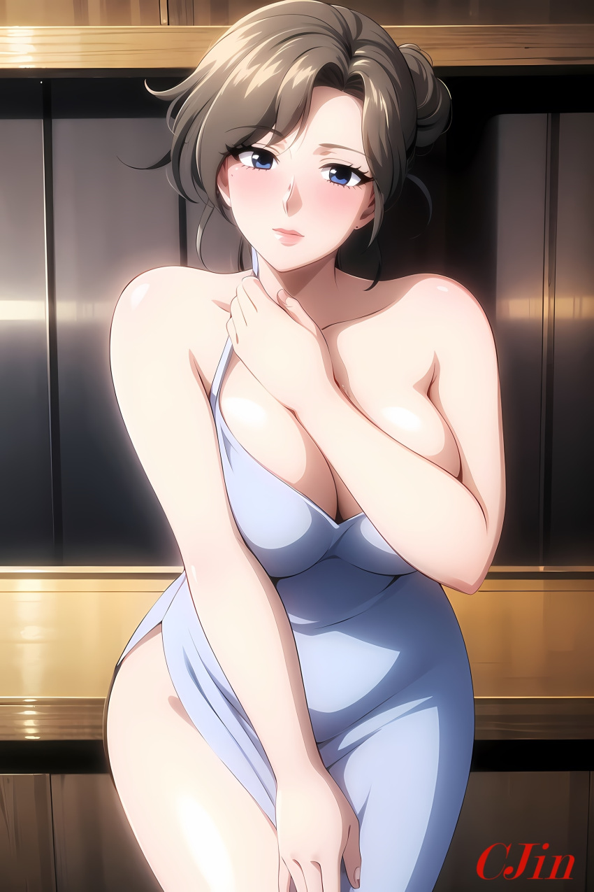 ai_generated breasts chibo cjin dress fujino_ninno long_hair mature mature_female mature_woman milf mom mommy mother_knows_breast towel