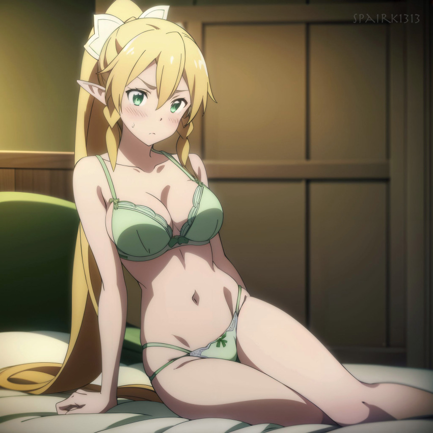 Hentai Blonde Girl Alluring Bed Bedroom Big Breasts Blonde Hair Bra Cleavage Green Eyes