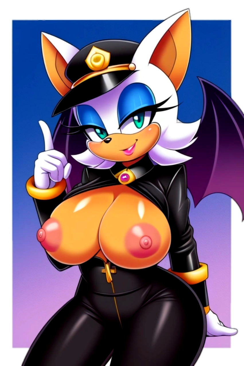 1girl ai_generated bat_wings big_breasts furry furry_female gloves hat latex_suit makeup military_uniform nipples open_clothes rouge_the_bat sega simple_background sonic sonic_the_hedgehog_(series)