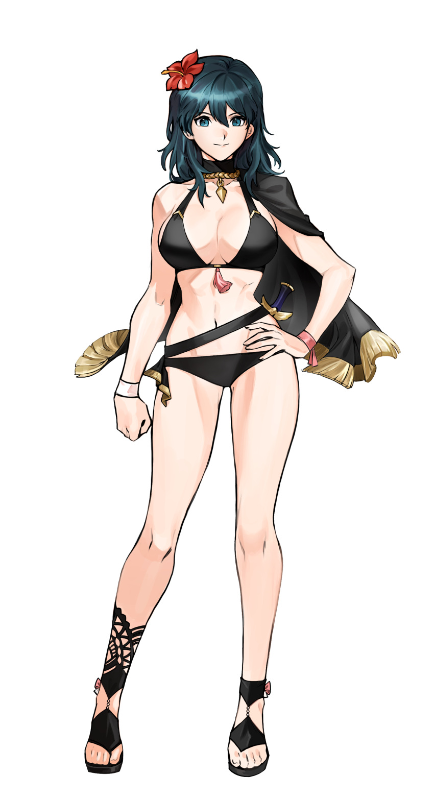 1girl 1girl 1girl absurd_res alluring alternate_costume bangs bare_arms bare_legs bare_shoulders belt big_breasts bikini black_belt black_bikini black_cape black_footwear black_swimsuit blue_eyes byleth_(fire_emblem) byleth_(fire_emblem)_(female) byleth_(summer)_(fire_emblem)_(female) cape clenched_hand commentary_request commission female_only fire_emblem fire_emblem:_three_houses fire_emblem_heroes flower full_body hair_between_eyes hair_flower hair_ornament hand_on_hip hibiscus high_res long_hair looking_at_viewer navel nintendo official_alternate_costume pixiv_request red_flower sandals silvercandy_gum smile standing stomach summer swimsuit teal_hair thighs transparent_background wristband