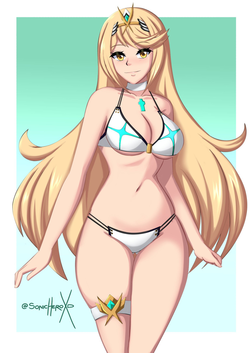 1girl alluring alternate_costume bare_legs big_breasts blonde_hair cleavage female_only mythra nintendo pin_up sonicheroxd swimsuit xenoblade_(series) xenoblade_chronicles_2 yellow_eyes